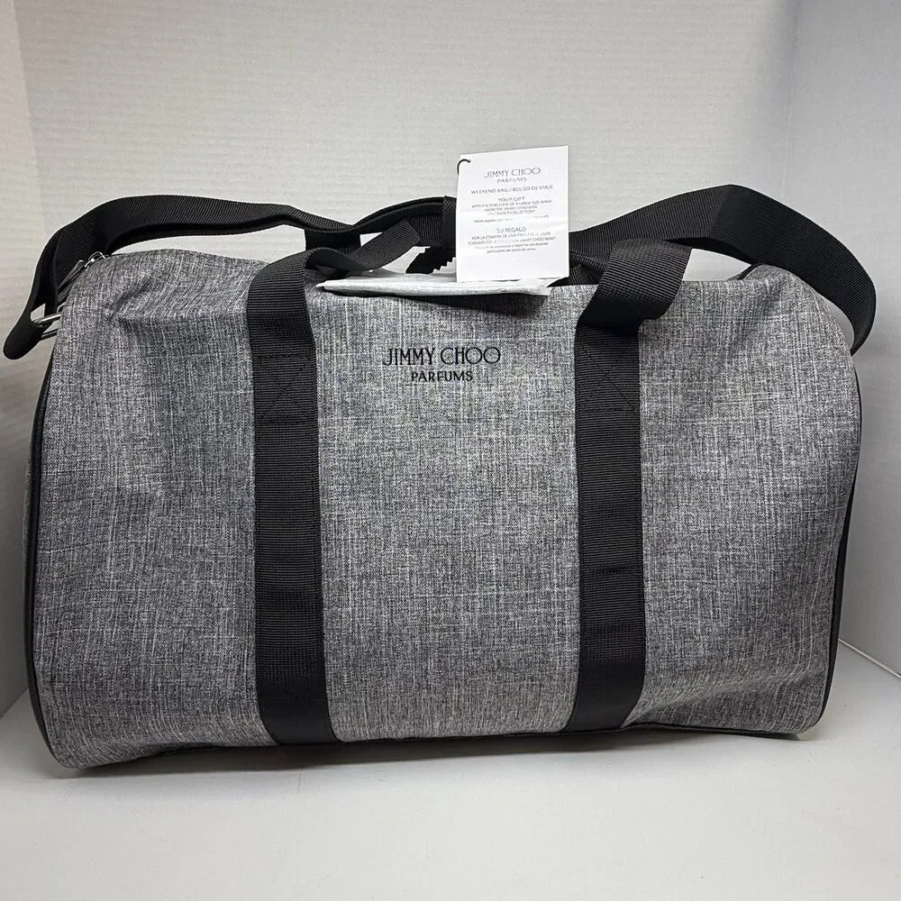 Jimmy Choo Gray & Black Large Travel Weekender Gym Zip Shoulder Duffle Bag New